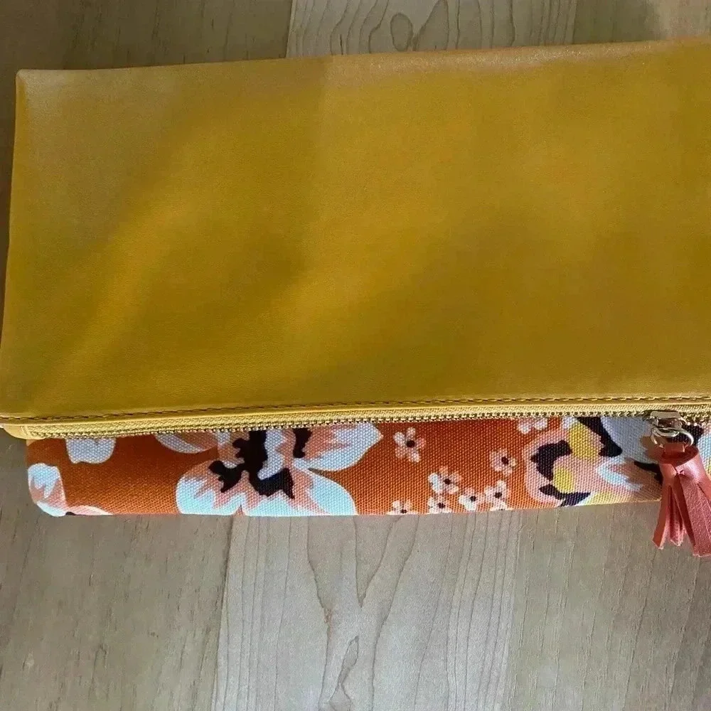 RACHEL PALLY REVERSIBLE Orange Yellow Canvas & Leather Floral Print CLUTCH